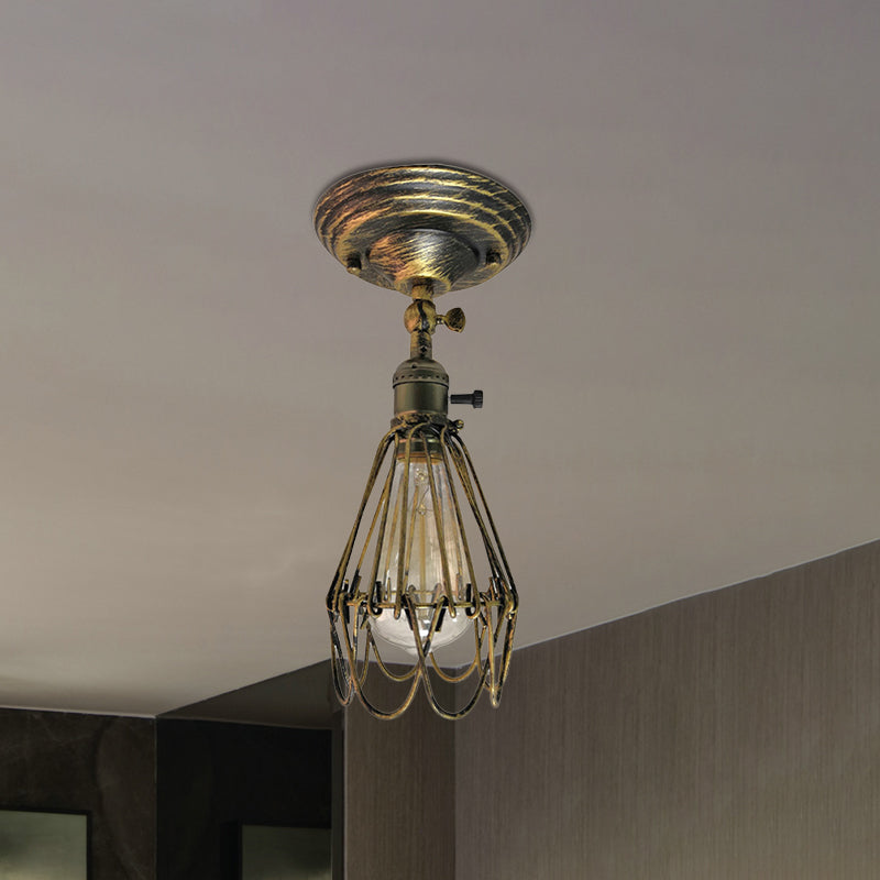 Plafonnier semi-encastré en cage en fer forgé, style ferme, élégant, 1 lumière, luminaire de plafond pour chambre à coucher, rouille/argent vieilli