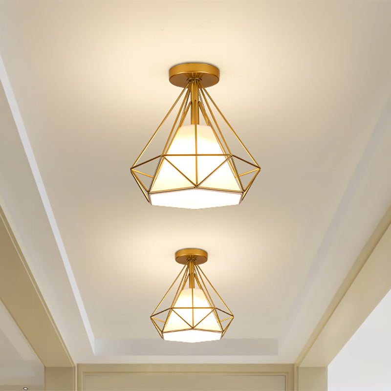 Gold Cage Diamond Semi Flush Hanglamp Vintage Industrieel Metaal 1 Licht Slaapkamer Plafondlamp