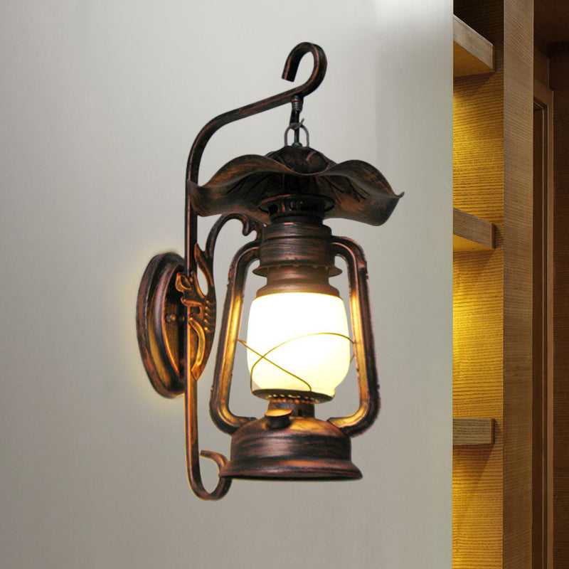 Opal Glass Antique Copper Sconce Light Kerosene 1-Light Industrial Wall Lamp Fixture