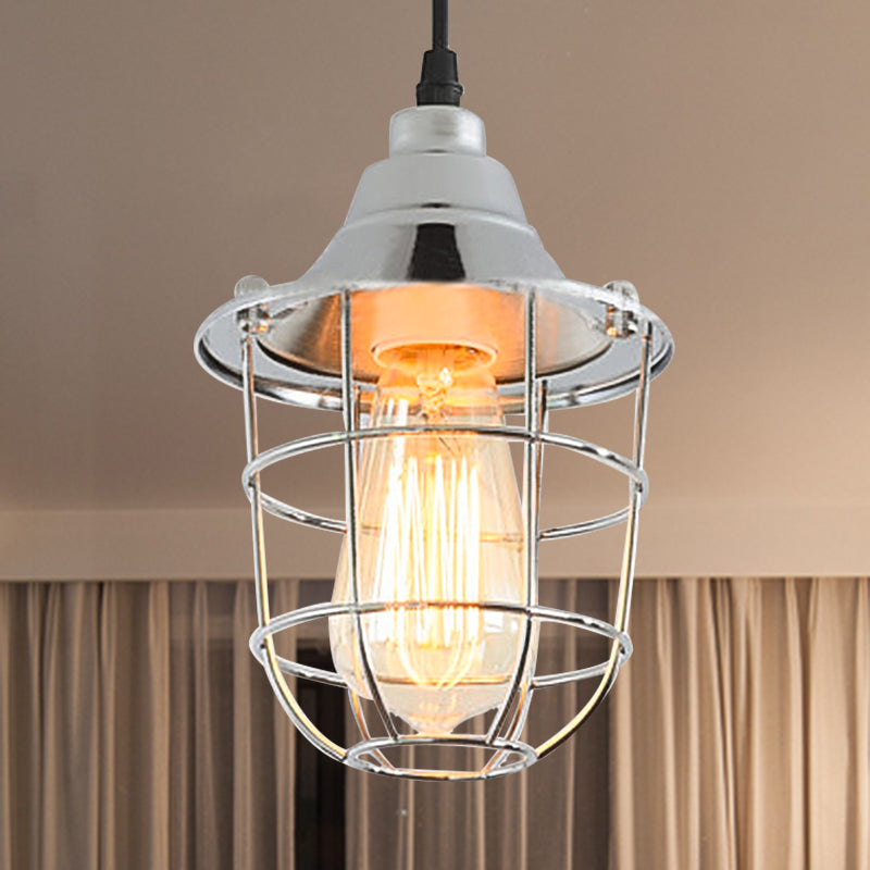 Filo Cage comodino appeso la spia industriale in metallo vintage 1 lampadina in ottone/finitura cromata mini ciondolo