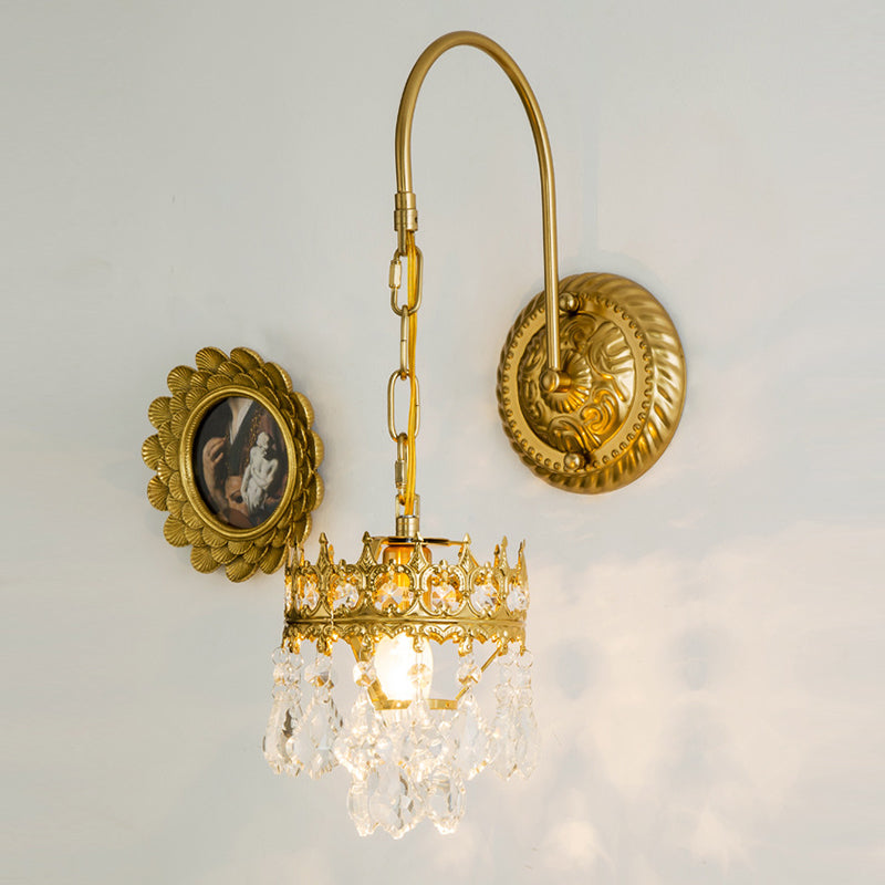 Postmodern Golden Wall Light Fixture with Crystal Shade for Sitting Room