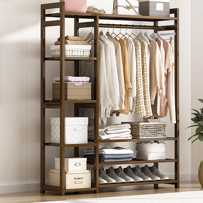 Traditional Clothes Hanger Solid Wood Coat Rack with Storage Shelves