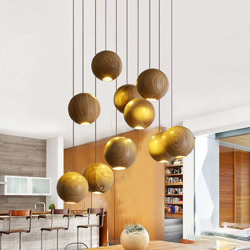 Ball LED Cluster Pendant Light Modern Wooden 1/7/10/16-Head Living Room Ceiling Light Fixture Kit