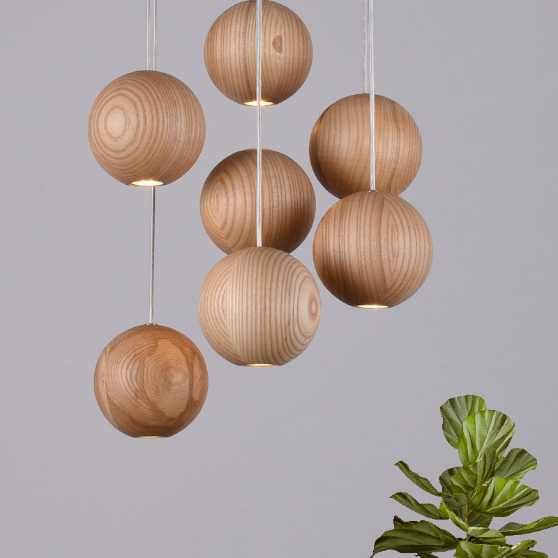 Ball LED Cluster Pendant Light Modern Wooden 1/7/10/16-Head Living Room Ceiling Light Fixture Kit