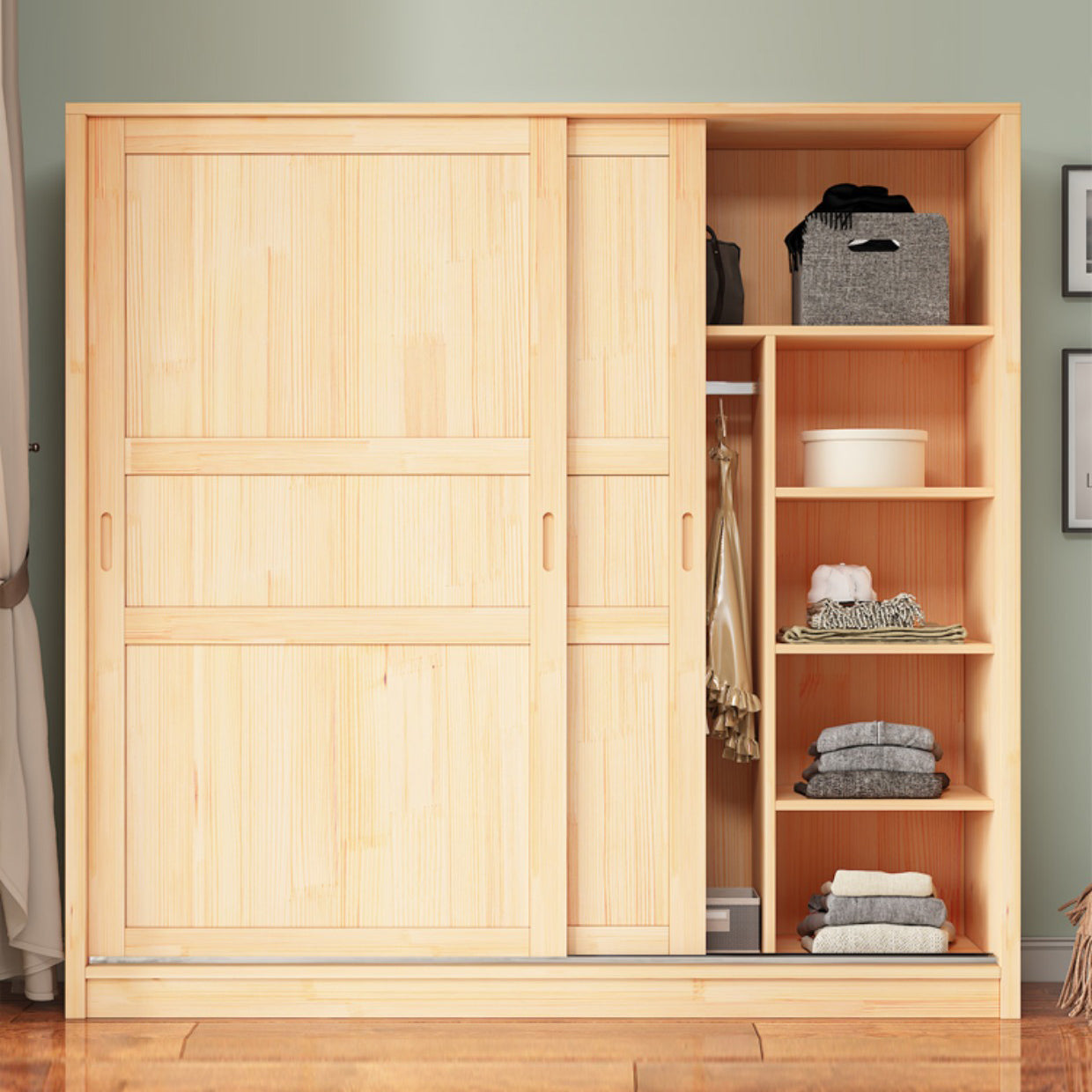 Natural Pine Solid Wood Wardrobe Freestanding Wardrobe with Sliding Doors