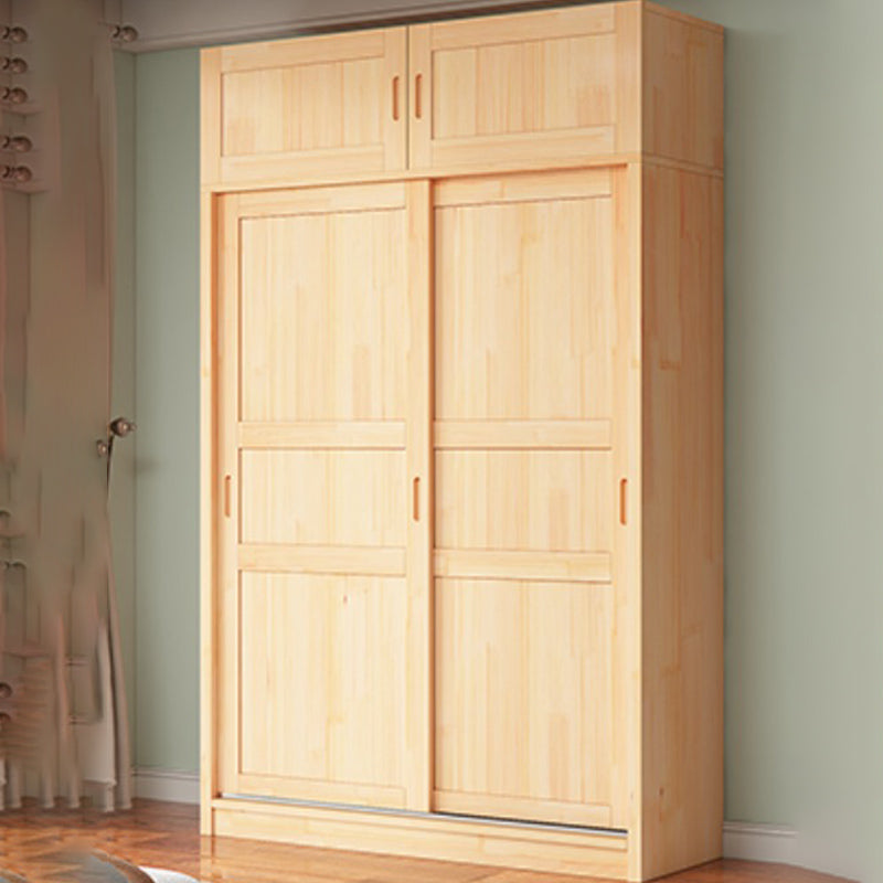 Natural Pine Solid Wood Wardrobe Freestanding Wardrobe with Sliding Doors