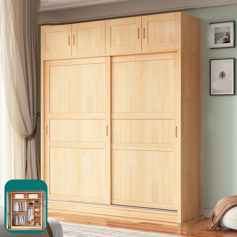 Natural Pine Solid Wood Wardrobe Freestanding Wardrobe with Sliding Doors