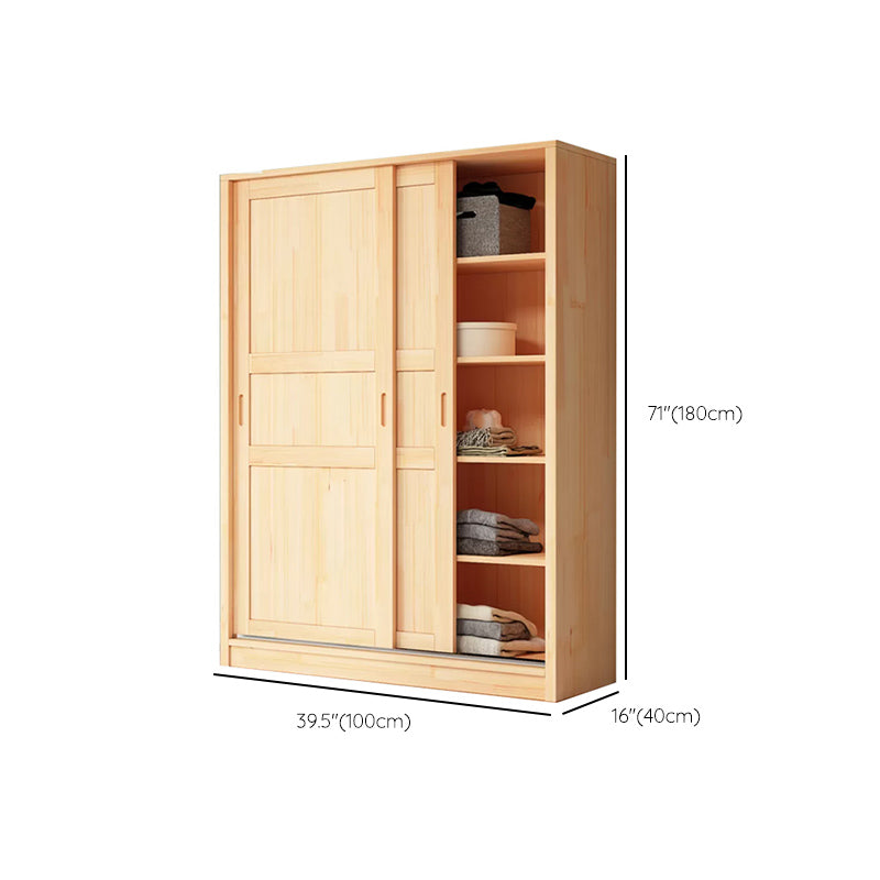 Natural Pine Solid Wood Wardrobe Freestanding Wardrobe with Sliding Doors