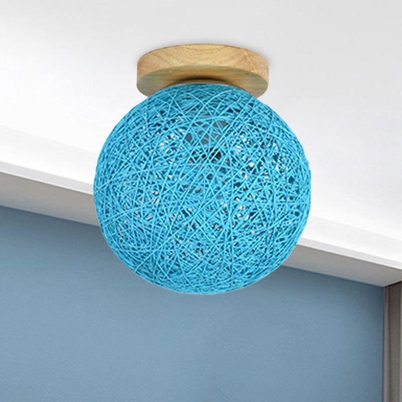Lámpara de montaje empotrado en techo de ratán, modernista, 6 "/ 8" de ancho, 1 bombilla, color azul/lino, para pasillo