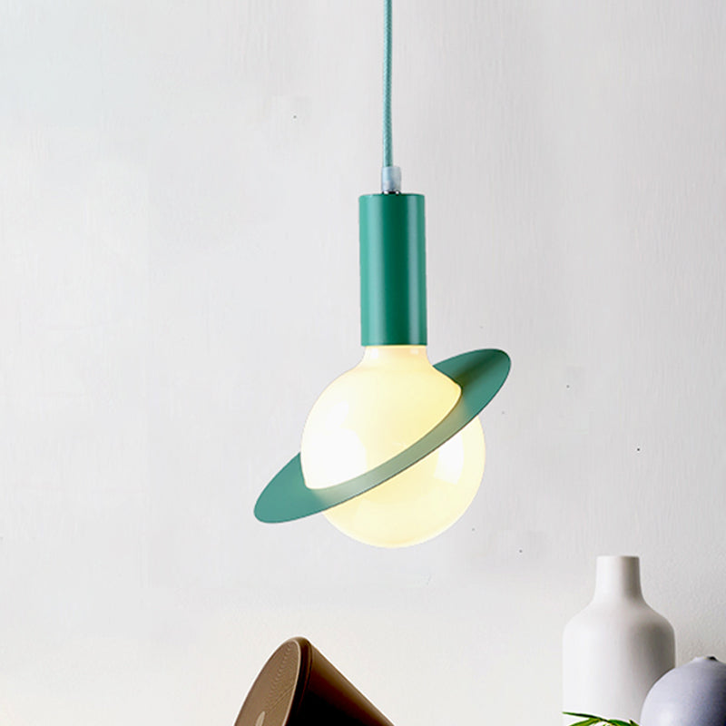 1 Light Dining Room Pendant Light avec balle en verre blanc ombre post-moderne rose / bleu / vert lampe suspendue