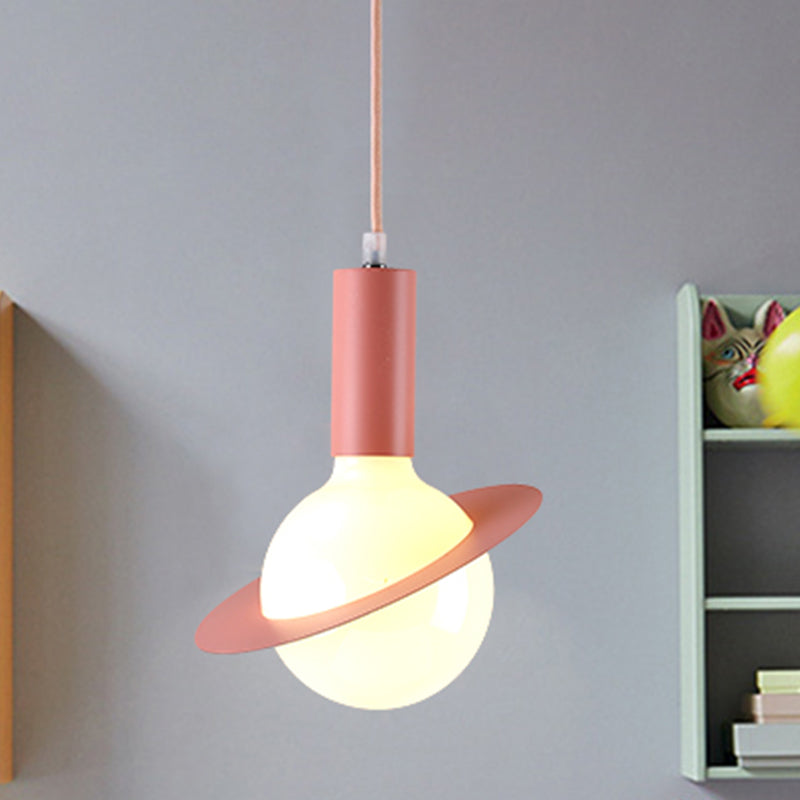 1 Light Dining Room Pendant Light avec balle en verre blanc ombre post-moderne rose / bleu / vert lampe suspendue