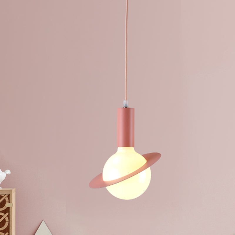 1 Light Dining Room Pendant Light avec balle en verre blanc ombre post-moderne rose / bleu / vert lampe suspendue