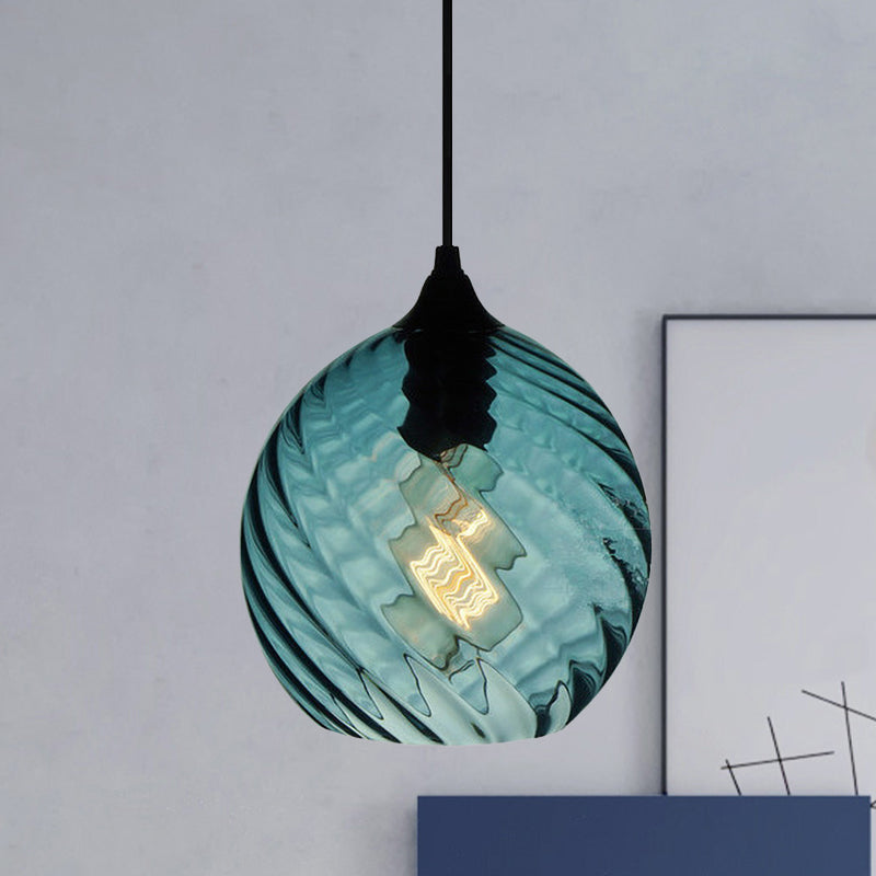 Sphere/Dome/Cylindrical Suspension Pendant Modernist Blue Lattice Glass 1 Light Black Ceiling Hung Light