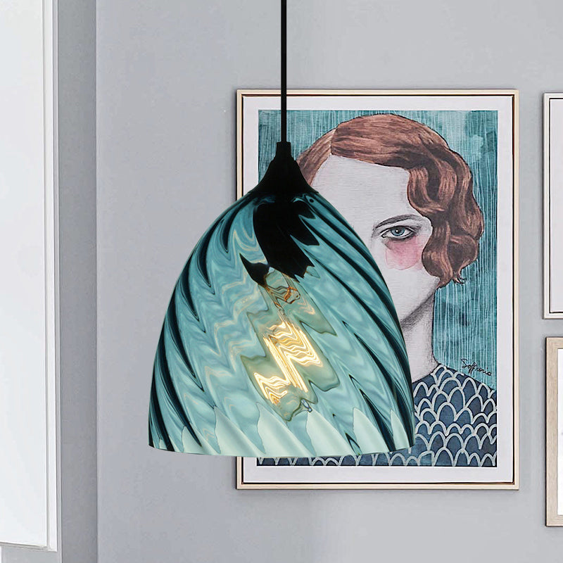 Sphere/Dome/Cylindrical Suspension Pendant Modernist Blue Lattice Glass 1 Light Black Ceiling Hung Light