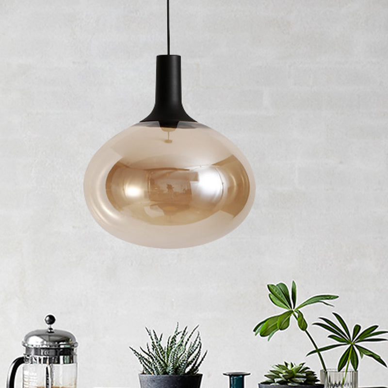 Elliptical Pendant Lamp Modernist White/Grey/Amber Glass 1 Light Black Led Hanging Light Fixture in White/Warm Light