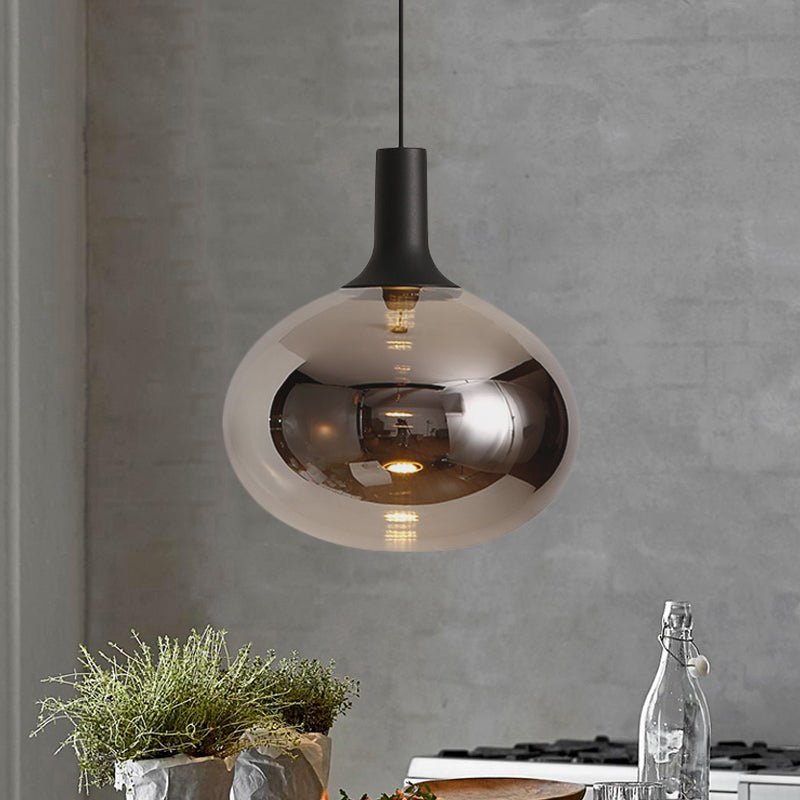 Elliptical Pendant Lamp Modernist White/Grey/Amber Glass 1 Light Black Led Hanging Light Fixture in White/Warm Light