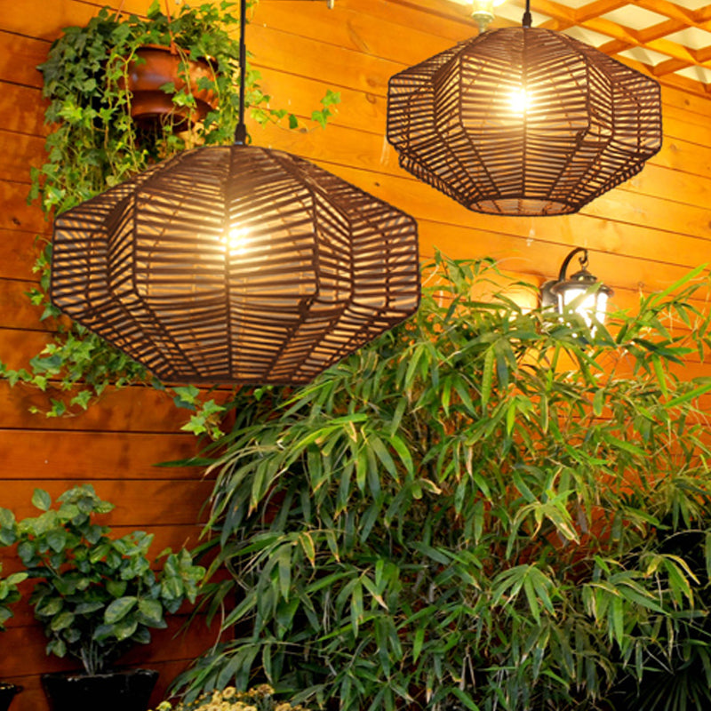 Asian Style Rattan Pendant Lamp with Geometric Shade 1 Head Restaurant Ceiling Pendant Light