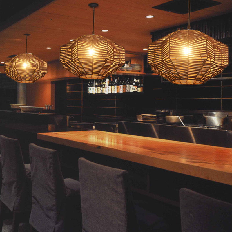 Asian Style Rattan Pendant Lamp with Geometric Shade 1 Head Restaurant Ceiling Pendant Light
