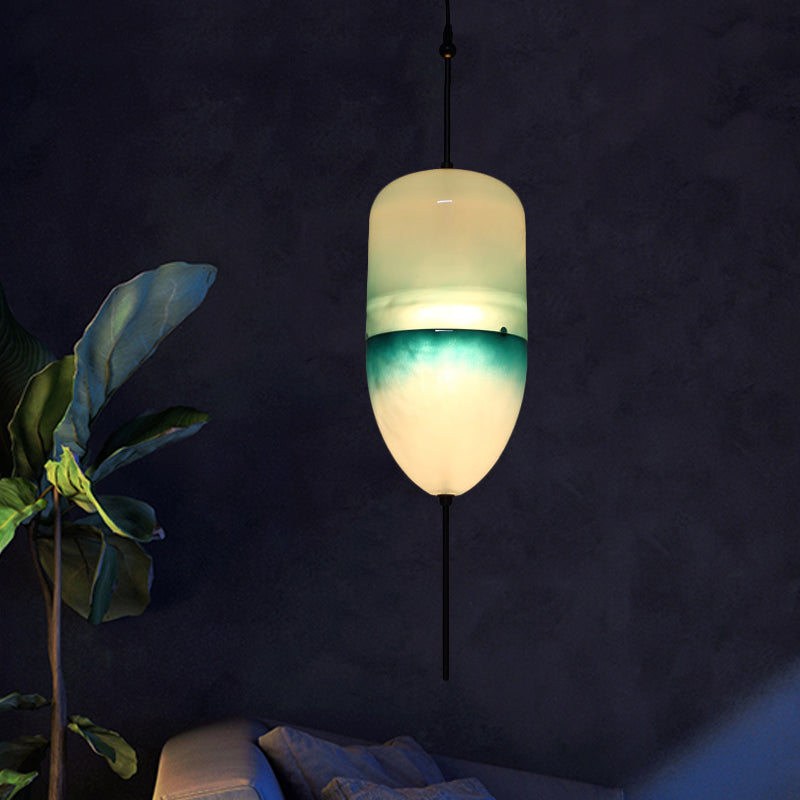 Blue Teardrop/Drum/Cylinder Pendant Lighting Modern 1 Light Glass Hanging Ceiling Lamp in White/Warm Light