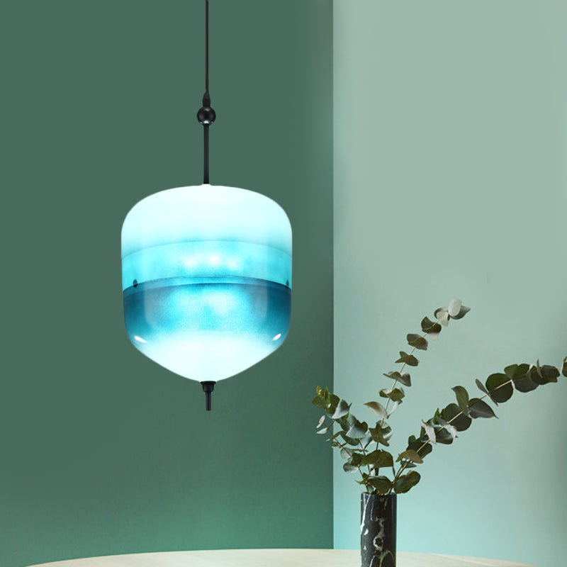 Blue Teardrop/Drum/Cylinder Pendant Lighting Modern 1 Light Glass Hanging Ceiling Lamp in White/Warm Light