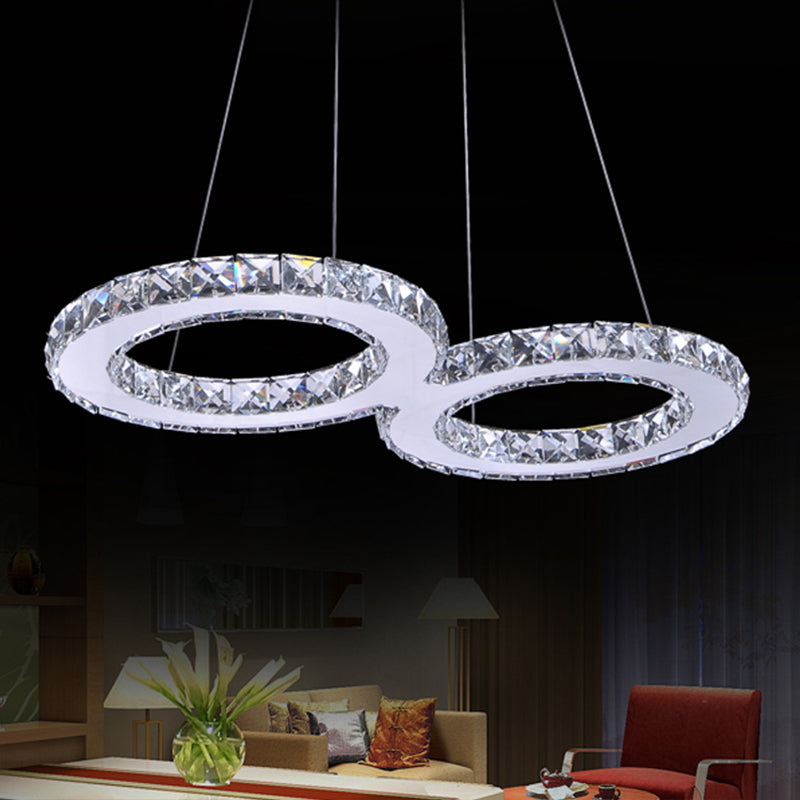 Double Ring Crystal Hanging Pendant Light Modern 2 Heads Silver LED Chandelier Lamp in Warm/White Light for Dining Room