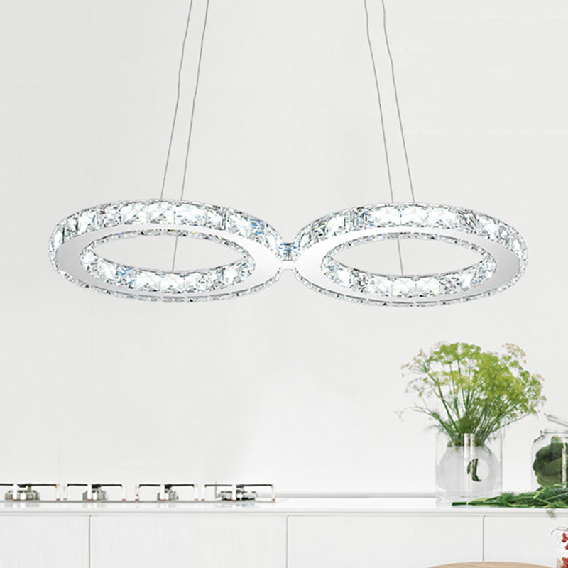 Double Ring Crystal Hanging Pendant Light Modern 2 Heads Silver LED Chandelier Lamp in Warm/White Light for Dining Room