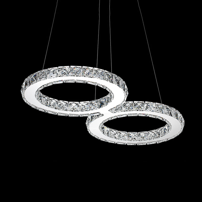 Double Ring Crystal Hanging Pendant Light Modern 2 Heads Silver LED Chandelier Lamp in Warm/White Light for Dining Room