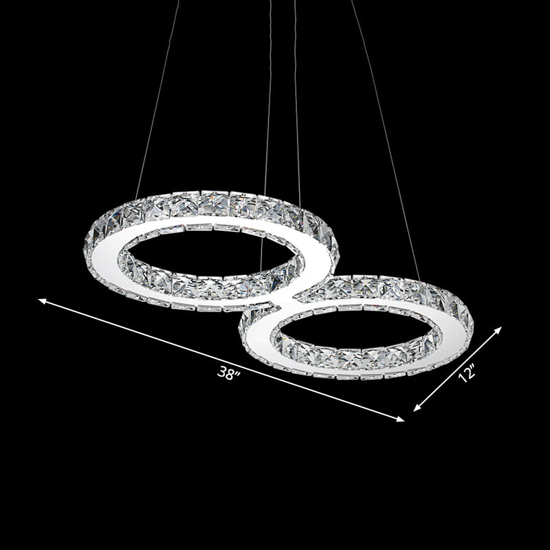 Double Ring Crystal Hanging Pendant Light Modern 2 Heads Silver LED Chandelier Lamp in Warm/White Light for Dining Room
