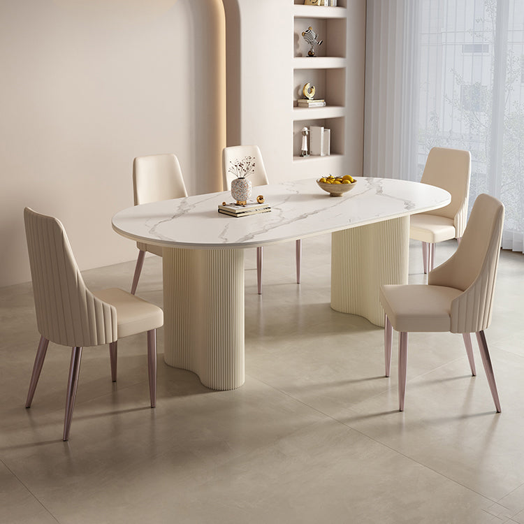 Modern Linen White Finish Oval Stone Top Dining Table with Double Pedestal Base