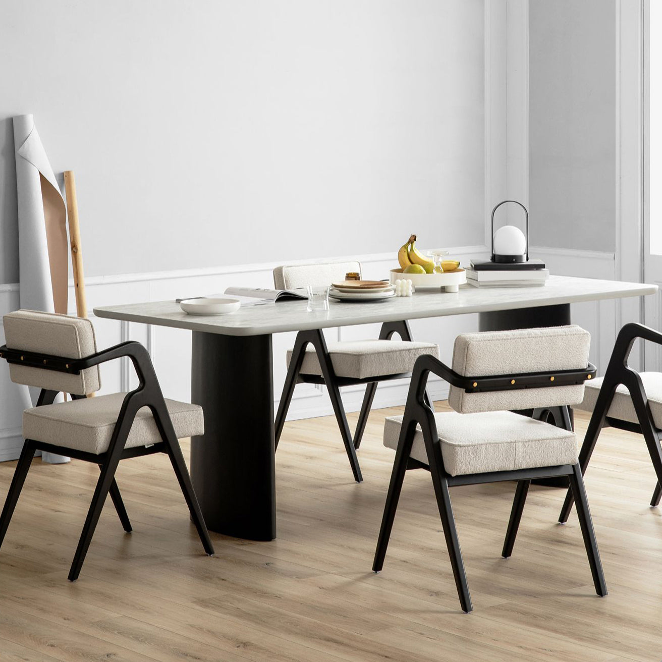 Contemporary White Retractable Wooden Dining Table with Double Pedestal