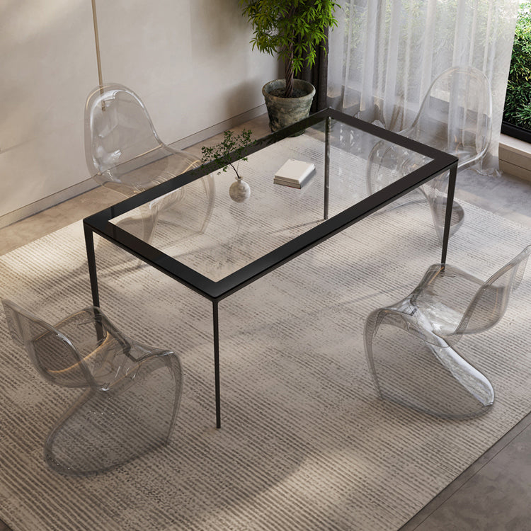 Rectangular Dining Table Glass Tabletop with Black Aluminum Legs