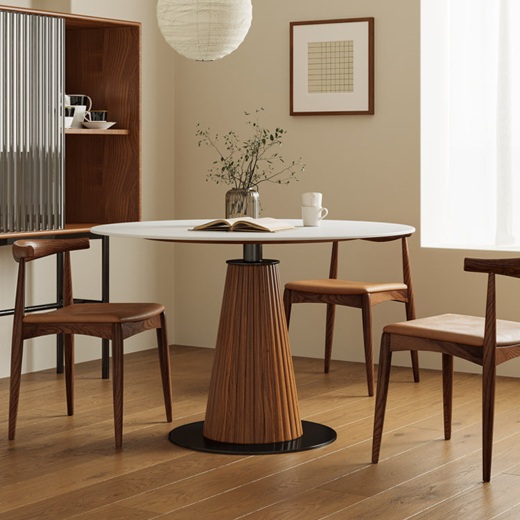 Modern Round Dining Room Table with Solid Wood Cone Base for Living Room