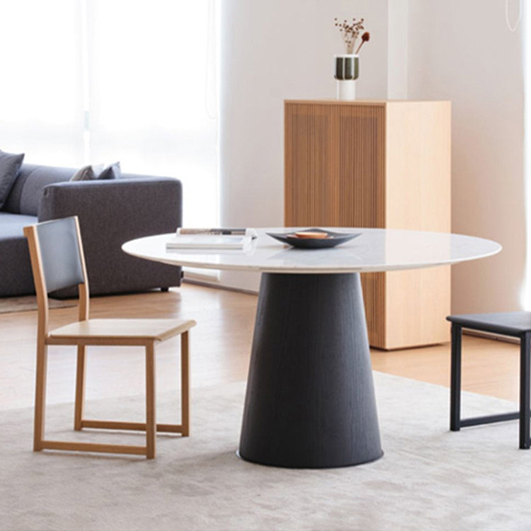 Modern Round Dining Table White Stone Tabletop with Wood Pedestal Base