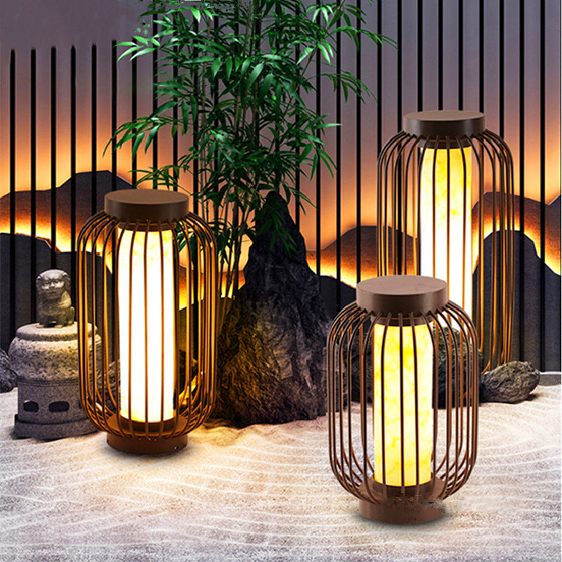 Contemporary Birdcage Outdoor Solar Pillar Lamp in Black for Courtyard