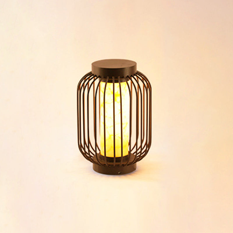 Contemporary Birdcage Outdoor Solar Pillar Lamp in Black for Courtyard