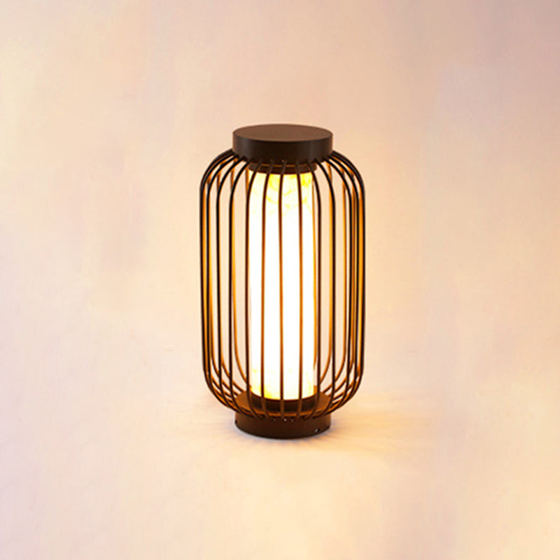 Contemporary Birdcage Outdoor Solar Pillar Lamp in Black for Courtyard