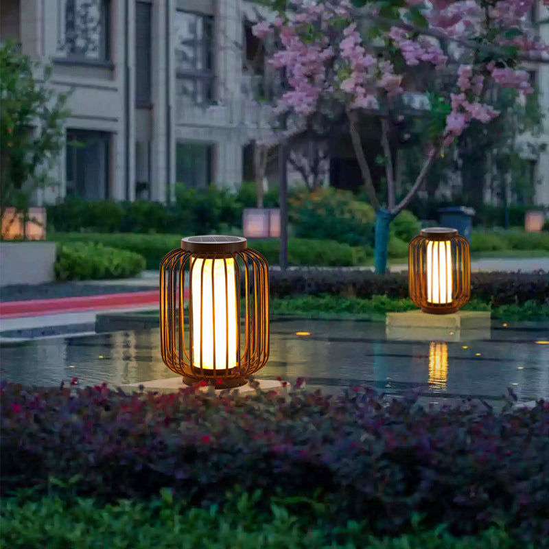 Contemporary Birdcage Outdoor Solar Pillar Lamp in Black for Courtyard