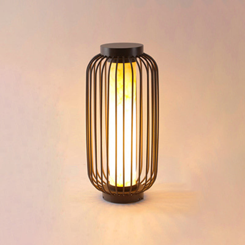 Contemporary Birdcage Outdoor Solar Pillar Lamp in Black for Courtyard