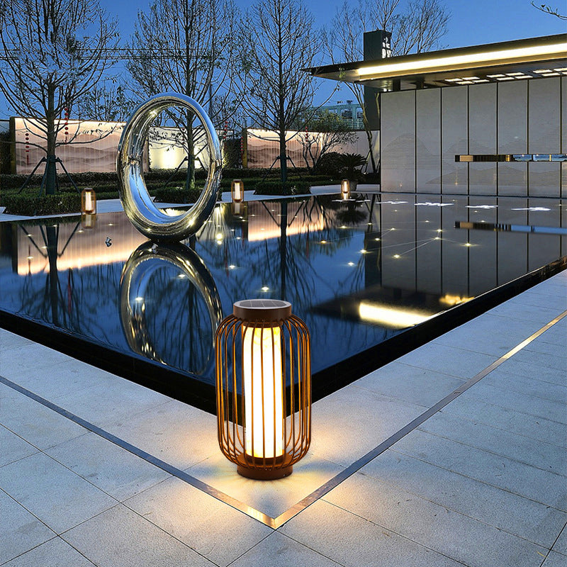 Contemporary Birdcage Outdoor Solar Pillar Lamp in Black for Courtyard