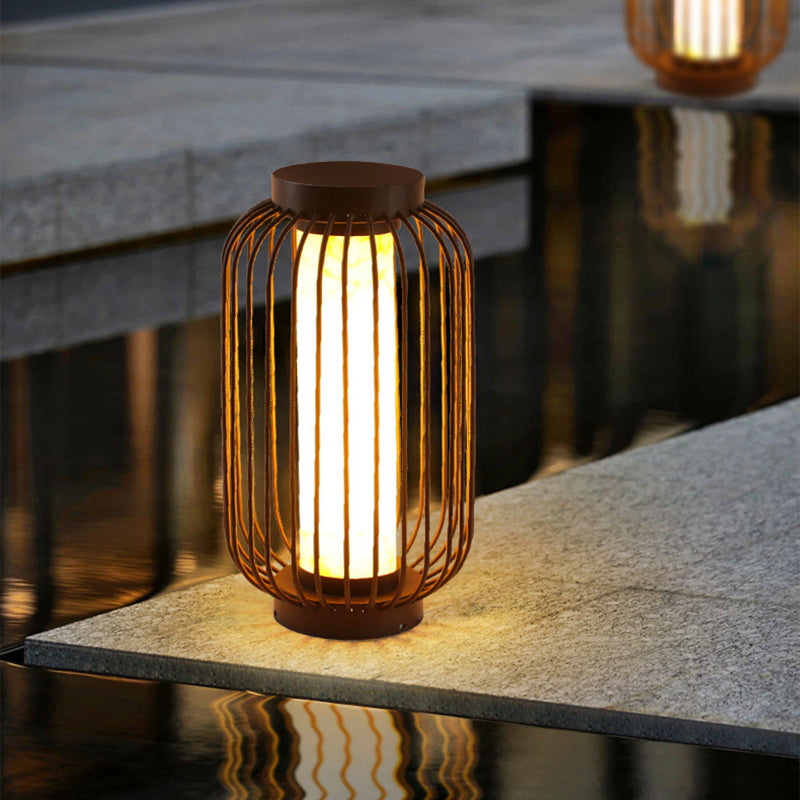 Contemporary Birdcage Outdoor Solar Pillar Lamp in Black for Courtyard