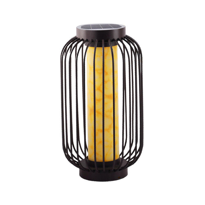 Contemporary Birdcage Outdoor Solar Pillar Lamp in Black for Courtyard