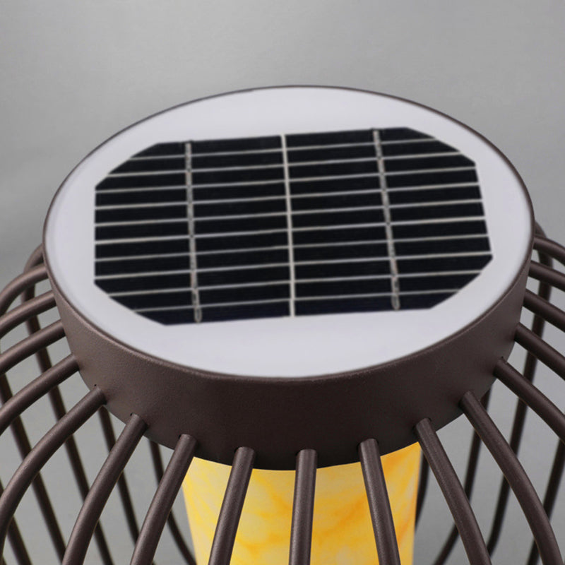Contemporary Birdcage Outdoor Solar Pillar Lamp in Black for Courtyard