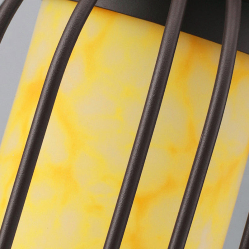 Contemporary Birdcage Outdoor Solar Pillar Lamp in Black for Courtyard