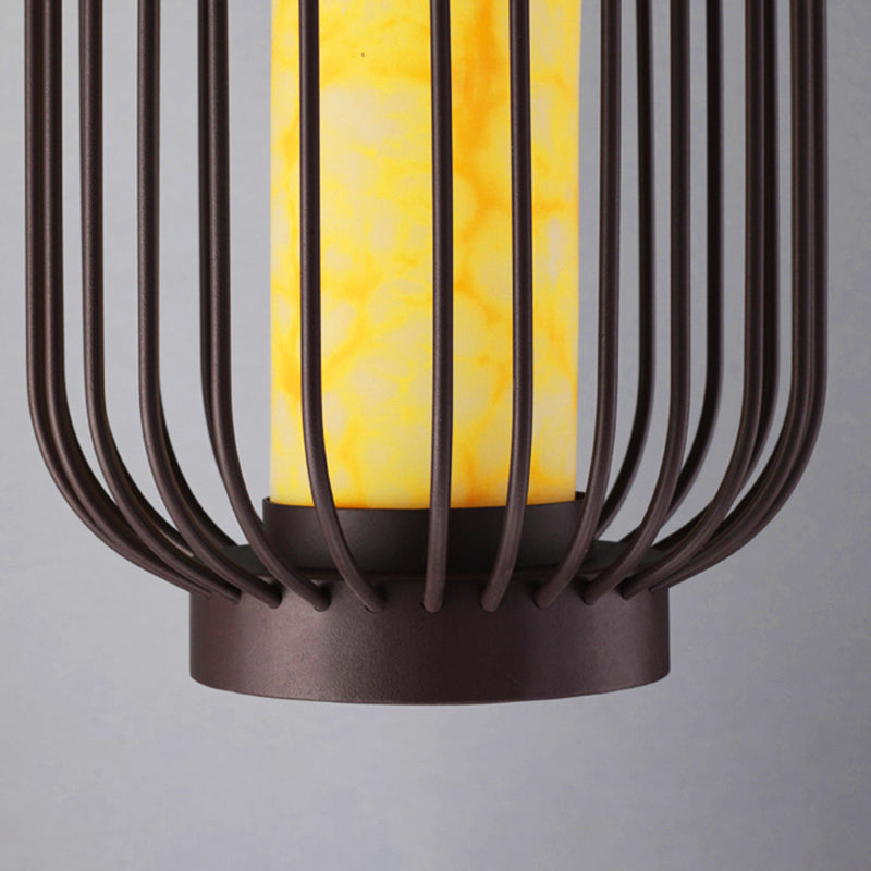 Contemporary Birdcage Outdoor Solar Pillar Lamp in Black for Courtyard