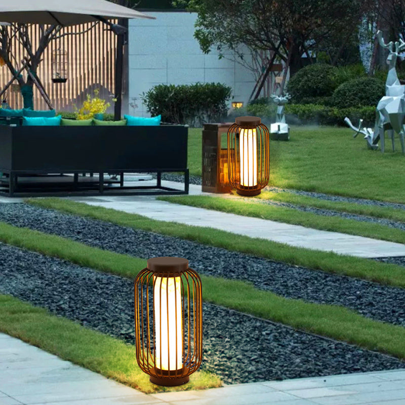 Contemporary Birdcage Outdoor Solar Pillar Lamp in Black for Courtyard