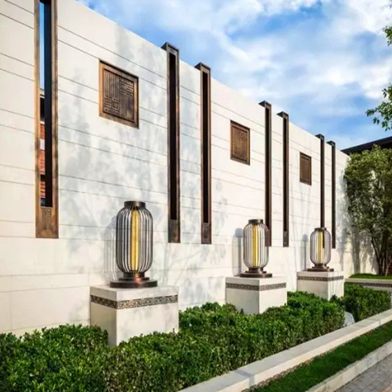 Contemporary Birdcage Outdoor Solar Pillar Lamp in Black for Courtyard