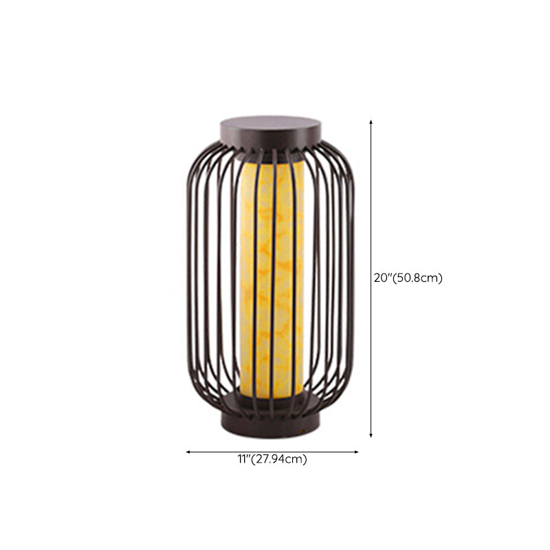 Contemporary Birdcage Outdoor Solar Pillar Lamp in Black for Courtyard