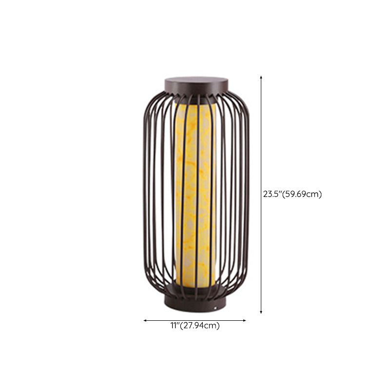Contemporary Birdcage Outdoor Solar Pillar Lamp in Black for Courtyard
