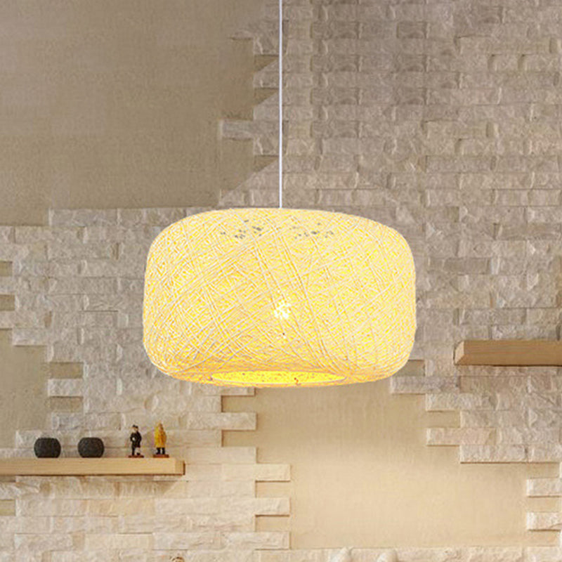 8 "/12" Dia Drum Hanging Leuchte Moderne Stil gewebter Rattan Rattan 1 Kopf Esszimmer Anhängerlampe in Schwarz/Weiß