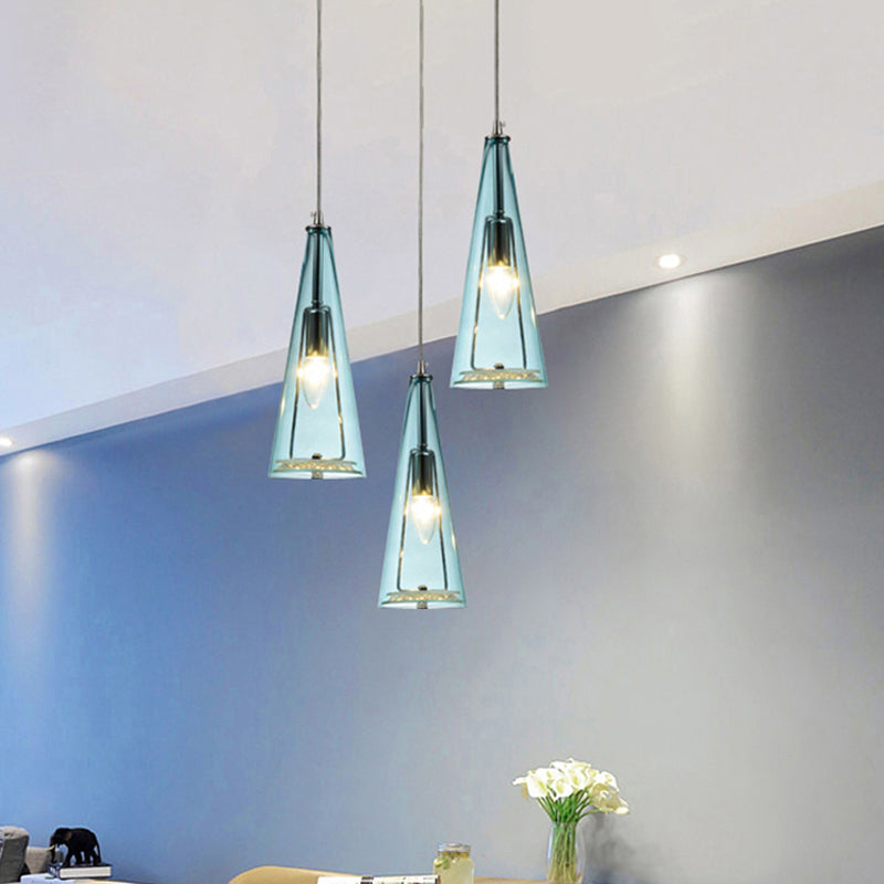 Modern Cone Pendant Lamp Blue/Amber/Clear Glass 3 Lights Hanging Ceiling Light in Chrome with Round/Linear Canopy
